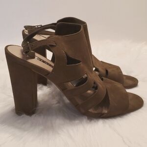 Audrey Brooke Viv Olive Green Suede Cut Out Sandal Sling Back Block Heel Size 10